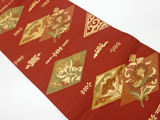 JAPANESE KIMONO / VINTAGE HIRAKI NAGOYA OBI / WOVEN RHOMBUS & FLOWERS